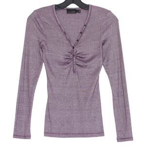 The Limited Henley Top Y2K Metallic Purple Ruched Fitted Long Sleeve V Neck S
